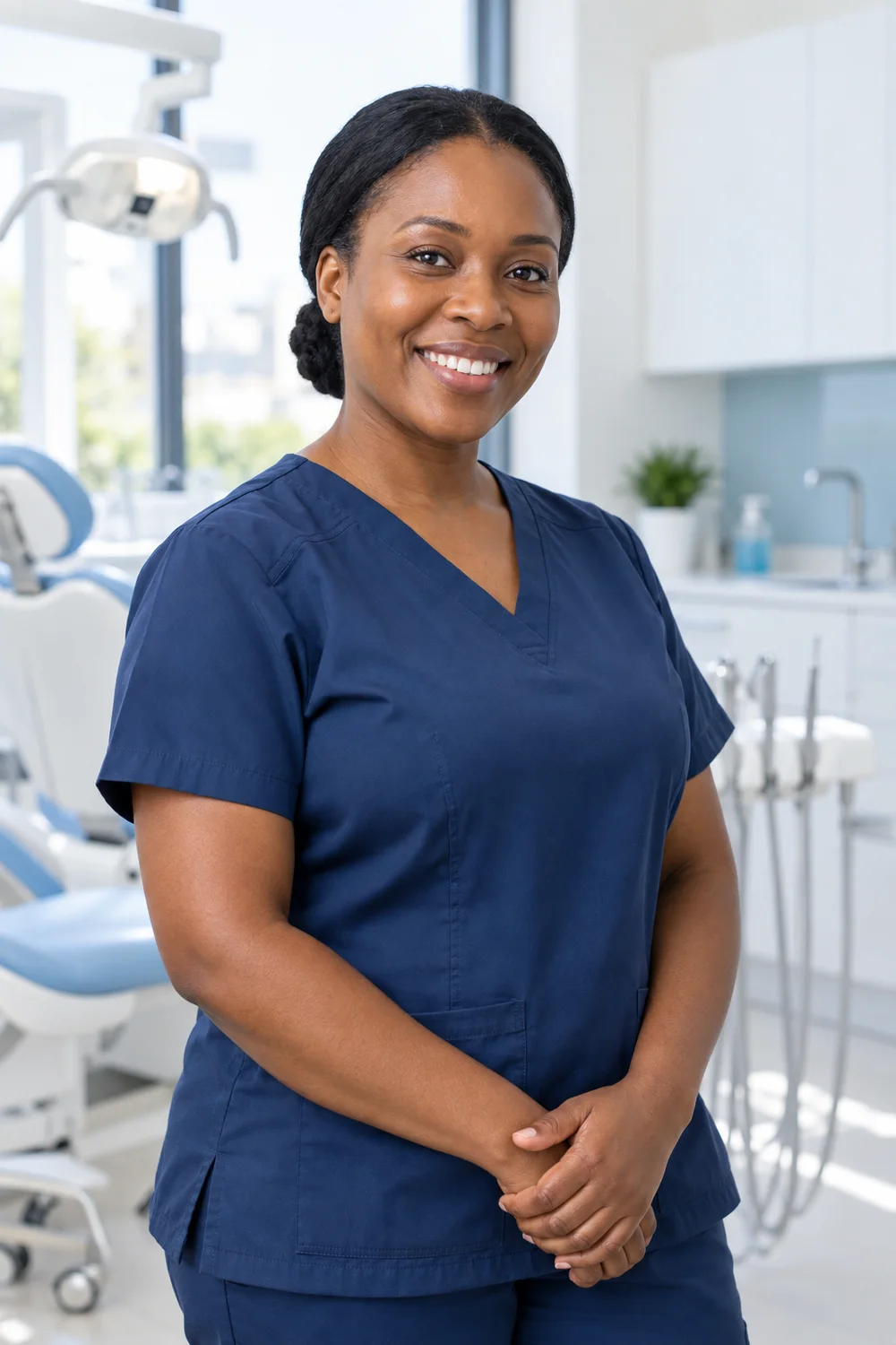 AI-generated illustrative portrait of an African female dental professional. This is not a photograph of Dr Mabusela.